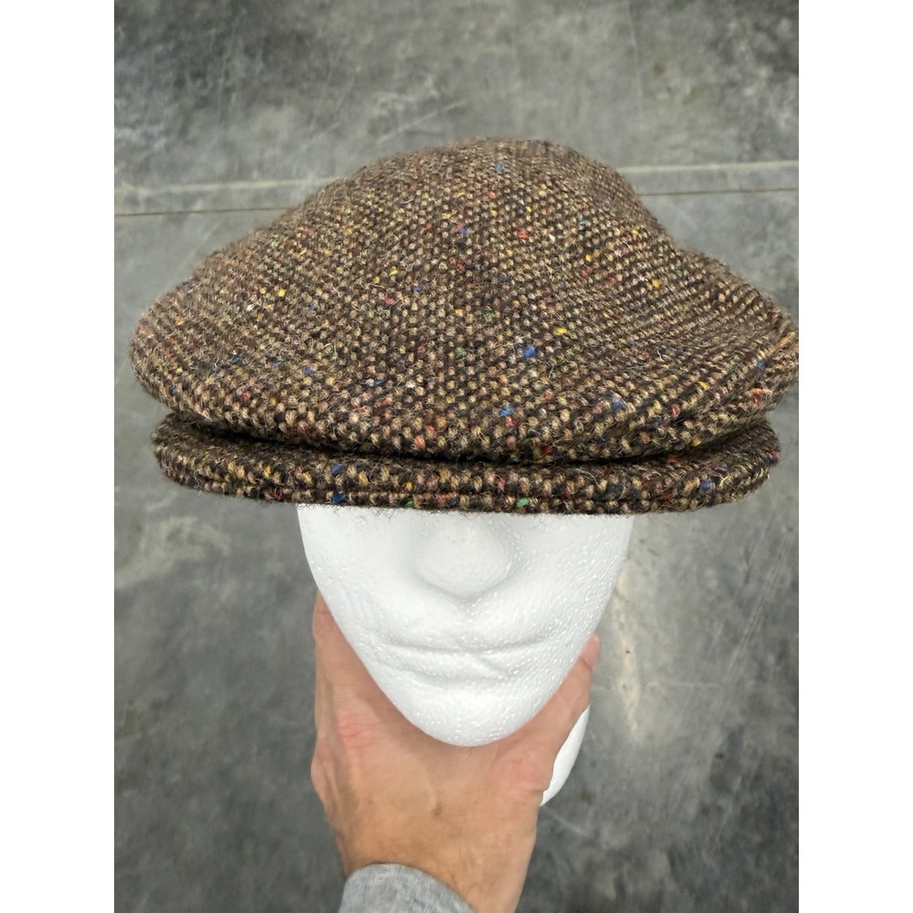 Hanna Hats Donegal Ireland Brown Herringbone Pure New Wool Flat Cap Mens Large
